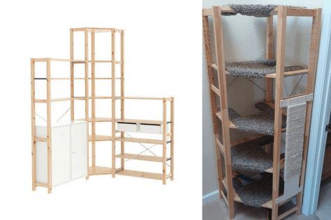 I've been looking for months at various cat trees but they're either ugly, too heavy, cost way too much or all of the above. Then I came across the below photo of a corner cat tree the other day. It's very clearly made out of IVAR shelving, which I'm familiar with. Ivar Shelving, Ikea Ivar Shelves, Billy Ikea, Diy Cat Tree, Yard Furniture, Street Cats, Ikea Ivar, Homemade Cat, Ikea Hackers