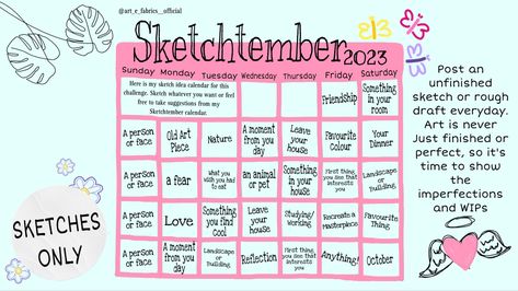 This is my personal Sketchtember Plan with ideas for when im blocked so I can work on improving my Digital Art Skills and explore my own creativity. #sketchoftheday #sketchtember #artchallenge #drawingchallenge #digitalart #sketchingart #paintingoftheday #improvement #artjournal #art September Art Challenge 2023, 30 Day Art Improvement Challenge, September Drawing Challenge 2023, October Drawing Challenge 2023, Sketchtember 2023, September Art, 30 Day Art Challenge, Drawing Challenges, Art Challenges