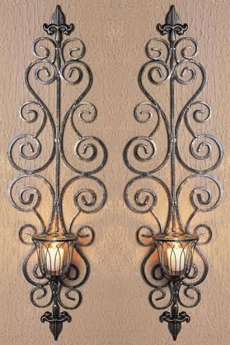 Wrought Iron Wall Candle Holders-Antique-Metal-Candle-Holders-For- Iron Wall Candle Holders, Wrought Iron Wall Decor, Hantverk Diy, Wrought Iron Design, Wrought Iron Decor, Wall Candle, Lan Can, Iron Wall Decor, Tuscan Decorating