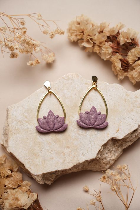 Lotus Flower Clay Earrings, Trendy Purple Polymer Clay Jewelry, Purple Dangle Polymer Clay Jewelry, Purple Flower Clay Earrings, Lotus Shape, Flower Polymer Clay, Purple Flower-shaped Polymer Clay Earrings, Mauve Purple, Lightweight Earrings