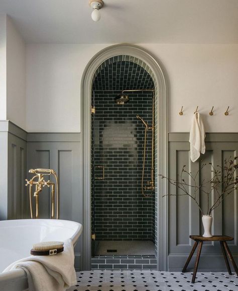 Shower With Storage Next To It, Historic Bathroom Remodel, Attic Shower Room, Tile Moulding, German Country, Maximalist Bathroom, Drømme Bad, House Dream, Attic Bathroom