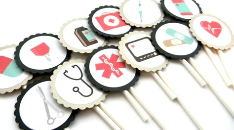 12 Vintage Medical Cupcake Toppers, Doctor Theme, Birthday Toppers, Hospital Party Decor, Nurse Party, Medical School Party, Graduation by thepartypenguin on Etsy Medical School Party, Medical Themed Parties, Nurse Grad Parties, Doctor Party, Nursing School Graduation Party, Nursing Cake, Nurse Party, Medical Stickers, Medical Theme