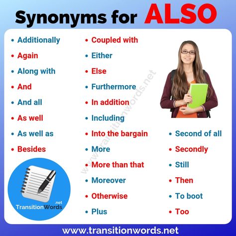 Another Word for ALSO: List of 25+ Synonyms for Also in English Synonyms For Excited, Ielts Notes, Another Word For Also, List Of Transition Words, English Transition Words, Academic Vocabulary, Other Ways To Say, Transition Words, Good Vocabulary Words