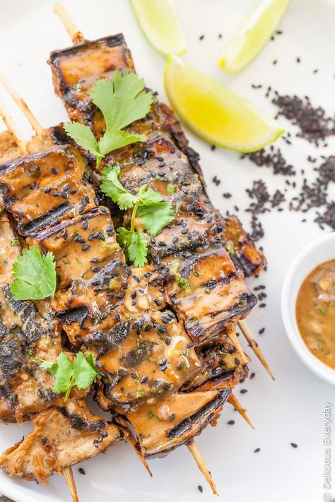 Dec 4, 2016 - These Grilled Eggplant Kebabs are grilled until soft and caramelised in a tahini satay marinade. A fun vegan twist on the traditional satay. Satay Marinade, Eggplant Tahini, Sauce Satay, Satay Recipe, Mediterranean Foods, Vegan Grilling, Vegan Bbq, Veggie Tales, Grilled Eggplant