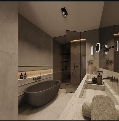 Modern Bathroom Inspo Aesthetic, Luxury Modern Bathroom Interior Design, Kardashian Interior Design, Contemporary Interior Design Bathroom, Bathroom Full Tile, Bathrooms With Bath, Bathroom Ideas With Shower And Bath, Luxury Dark Bathroom, Bad Aesthetic