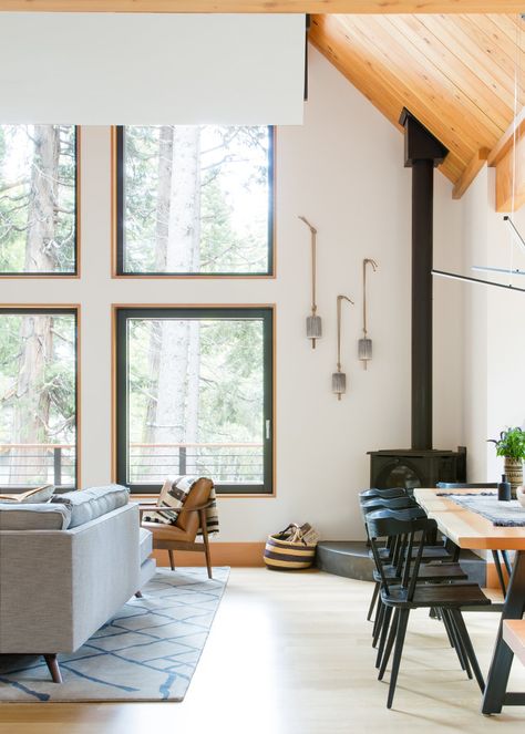 Modern Wood Stove, Corner Wood Stove, Tahoe Cabin, Cabin Interior Design, Cabin Retreat, Light Hardwood Floors, Cabin Interiors, Family Of Five, Corner Fireplace