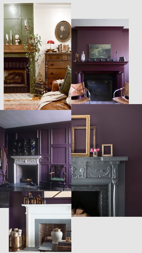 Moody fireplace ideas. #Darkacademia #purple Purple Fireplace, Moody Fireplace, Cottage Aesthetic, Cottagecore Decor, Fireplace Ideas, Create Collage, Creative Play, Dark Academia, Color Schemes