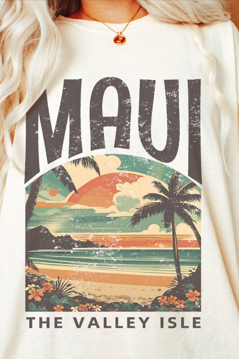 This retro Maui Island Hawaii tshirt from Etsy features a vibrant beach-themed design that captures the essence of island life. The tee showcases a vintage-inspired graphic with tropical elements, evoking memories of sun-soaked beaches and serene ocean views. #mauitrip #mauihawaii #mauibeach #mauishirt Hawaii Tshirt, Tropical Elements, Maui Island, Maui Beach, Maui Travel, Beach Tee, Beach Gifts, Hawaii Beaches, Beach Design