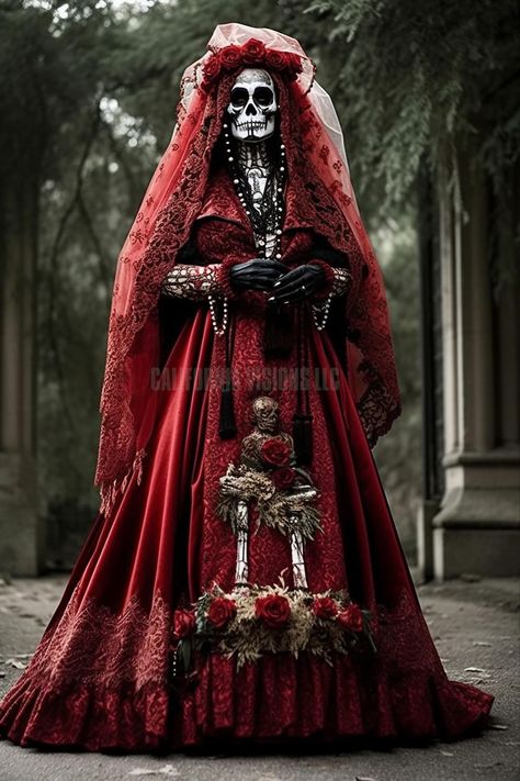 Halloween Costumes Red Dress, Red Dress Halloween Costume Ideas, Catrina Dress, Red Tulle Gown, Mexican Halloween Costume, Victorian Horror, Halloween Costumes 2023, Catrina Costume, Costumes 2023