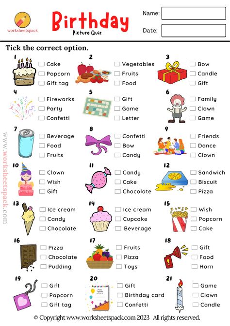 Birthday Worksheets For Kids, Worksheets For Kindergarten English, Birthday Worksheet, Quiz For Kids, Quizzes For Kids, Birthday Quiz, Free Quizzes, Picture Quiz, Work Ethics