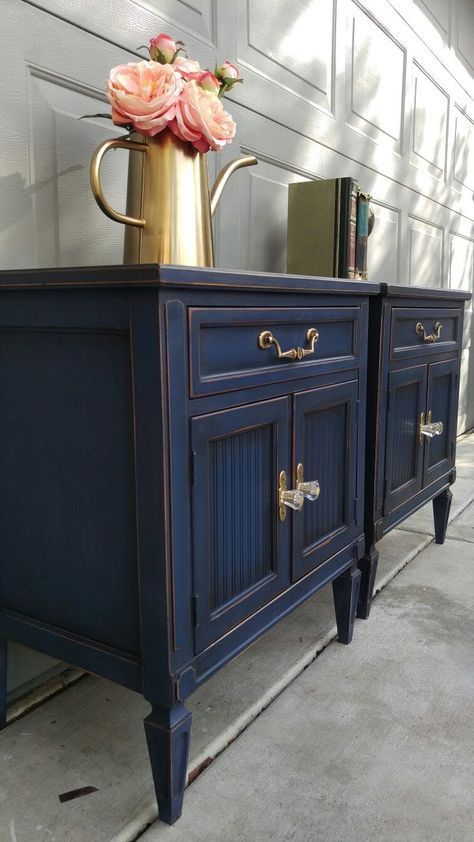 Dark Blue Bedside Cabinets, Napoleonic Blue Chalk Paint Furniture, Blue And Gold Painted Furniture, Dark Blue Nightstand, Dark Blue Tv Stand, Blue Painted Furniture Ideas, Dark Blue Sideboard, Annie Sloan Napoleonic Blue, Dark Blue Painted Furniture