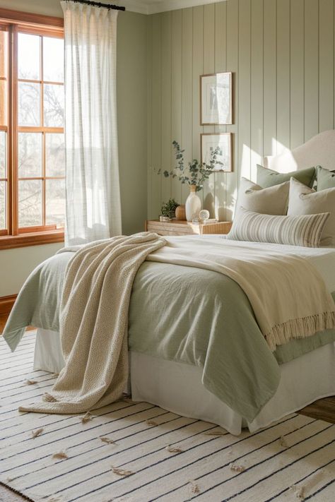 Bedroom with sage green walls with a bed, drapes and a nightstand Sage Green Bedroom Ideas, Olive Bedroom, Mint Green Bedroom, Sage Bedroom, Green Bedroom Ideas, Green Kitchen Designs, Green Bathroom Decor, Green Bedroom Decor, White Wall Bedroom