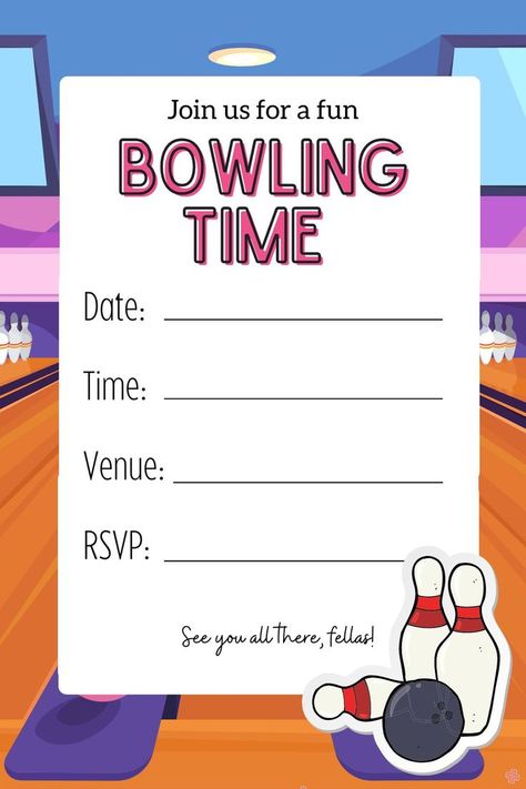 Free Printable Blank Bowling Invitation Template PDF Bowling Birthday Party Invitations Free, Bowling Birthday Party Invitations, Bowling Invitations, Bowling Birthday Invitations, Kids Bowling, Fun Bowling, Bowling Birthday Party, Birthday Invitation Card Template, 8 Birthday