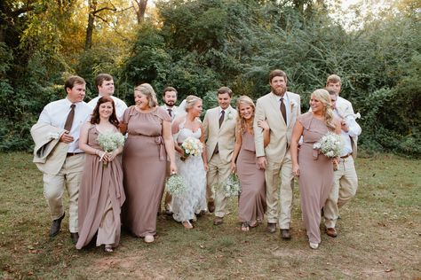 Mauve and Tan Wedding Party Tan Wedding Party, Tan Bridesmaids, Bridesmaid Dress Color Schemes, Champagne Wedding Gown, Tan Suits, Beige Bridesmaid Dress, Beige Bridesmaids, Iris Wedding, Wedding Colour Schemes