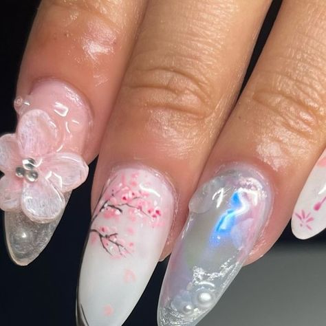 𝙂𝙚𝙡𝙚𝙨𝙩𝙞𝙖𝙡 𝙉𝙖𝙞𝙡𝙨 on Instagram: "cherry blossom themed 🌸  ✧ : *✧ :*  ✧ *✧: #gelnails #nailinspo #nailinspiration #nailart #naildesigns #nailartinspo #nailsoftheday #gelx #gelxnails #apresgelx #handpaintednails" Nail Inspo Cherry Blossom, Nail Inspo Cherry, Cherry Blossom Nails Art, Blossom Nails, Cherry Blossom Nails, Japanese Blossom, Cherry Nails, Japanese Nails, April 19