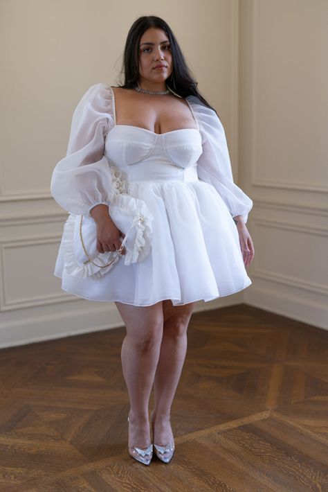 The Ivory Carousel Dress White Plus Size Dresses Formal, Plus Size Bachelorette Outfit For Bride, Simple Courthouse Wedding Dress, Reception Dress Plus Size, Plus Size Short Wedding Dress, Courthouse Wedding Dress Plus Size, White Dresses Plus Size, Elopment Dresses, Pillow Purse