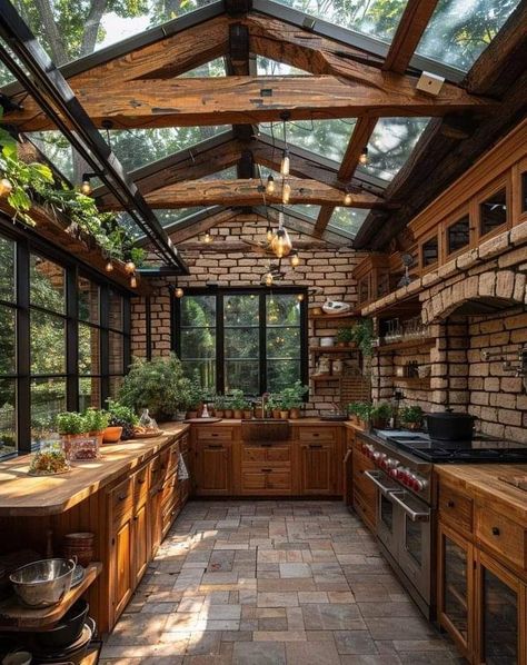 Log House Kitchen Cabinets, Log Cabin Garden Room Interior, Log House Kitchen, Cabin Bloxburg, Manga House, Log Cabin Kitchens, Greenhouse Kitchen, Log Cabin Kitchen, Manor Farm