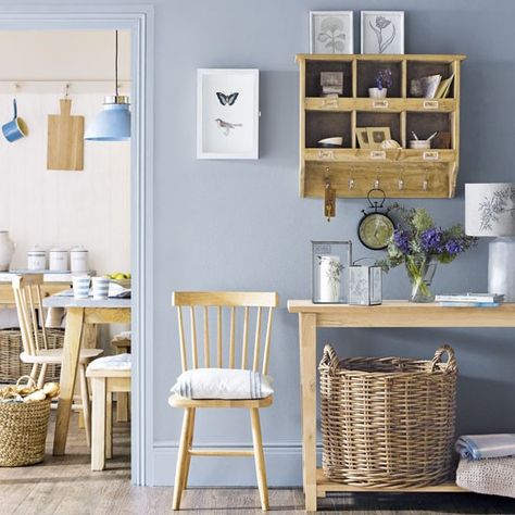 We just love the vintage sorting shelf in this country hallway! Hallway Colour Ideas, Hallway Colour Schemes, Hallway Ideas Diy, Blue Hallway, Hallway Paint, Hallway Colours, Living Vintage, Hallway Storage, Hallway Ideas Entrance Interior Design