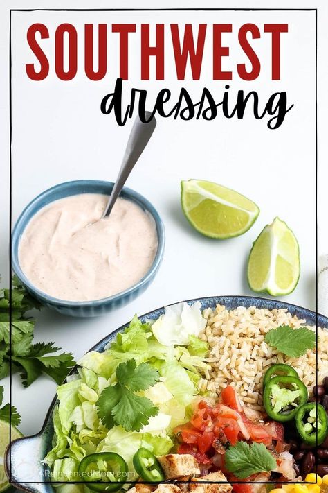 Homemade Southwest Dressing is packed with flavor from the lime and spices like cumin, chili powder, and taco sauce. I'll share how to make this easy recipe healthier by using Greek yogurt. Make it spicier by adding hot sauce. You can use this creamy southwest sauce on everything from burrito bowls and salads to burgers, chicken and fries. Healthy Sauce For Chicken, Greek Yogurt Salad Dressing, Southwest Dressing, Chicken And Fries, Fajita Sauce, Southwest Sauce, Healthy Dressing Recipes, Taco Salad Dressing, Healthy Burrito Bowl