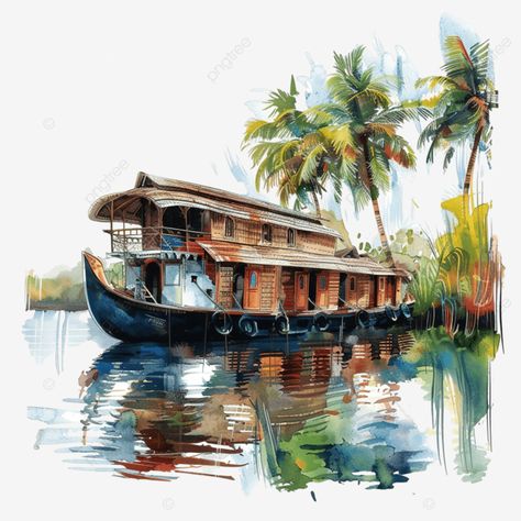 kerala house boat in backwater color design Onam Festival Kerala, House Boat Kerala, Kerala Trip, Kerala Architecture, Kerala Backwaters, Onam Festival, Kerala House, Kerala House Design, Kerala Houses