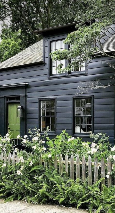 Black Exterior Cottage, Black House Green Door, Cottage Exterior Makeover, Witchy House Exterior, Scandinavian Cottage Exterior, Black Cabins, Lake Backyard, Black Exteriors, Lake House Paint Colors