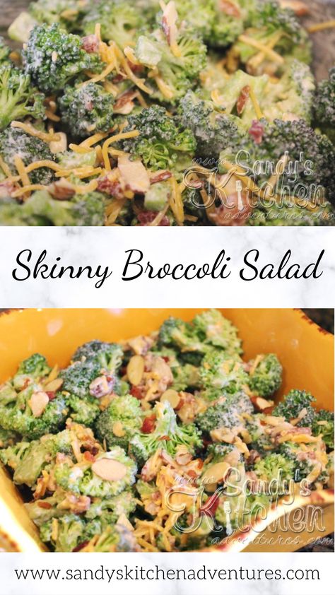 Skinny Broccoli Salad! This lightened up version is low carb and delicious! Substituting plain Greek yogurt for most of the mayo lightens it up and still leaves it creamy. The crunchy sliced almonds, bacon bits and shredded cheddar cheese enhances the classic flavor that I love! Broccoli Sides, Mealprep Lunch, Best Broccoli Salad, Low Calorie Salad, Best Broccoli, Low Carb Low Fat Recipes, Broccoli Salad Recipe, Boiled Egg Diet Plan, Lean And Green Meals