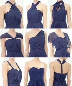 Amazing navy convertible bridesmaid dress by Alfred Angelo. Infinity Dress Ways To Wear, Infinity Dress Styles, Patterned Bridesmaid Dresses, Bridesmaid Outfits, Infinity Dress Bridesmaid, Multiway Dress, Wrap Dress Styles, Convertible Bridesmaid Dress, Multi Way Dress