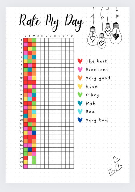 Rate My Day Printable Tracker | Year In Pixels | Bullet Journal Printables | Mood Tracker | Yearly Tracker | Premade Bujo Template Rate My Day Tracker, Rate My Day Bullet Journal, Year In Pixels Bullet Journal, Pixel Tracker, Year In Pixels Printable, Trackers Ideas, Tracker Bullet Journal Printable, Bullet Journal Topics, Yearly Tracker