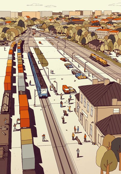 ArtStation - Chojny Train Station, Krzysztof Nowak Train Station Drawing, Train Station Illustration, Train Concept Art, Train Station Aesthetic, Train Illustration, Train Station Architecture, Color Key, Graphic Novel Art, Landscape Illustration