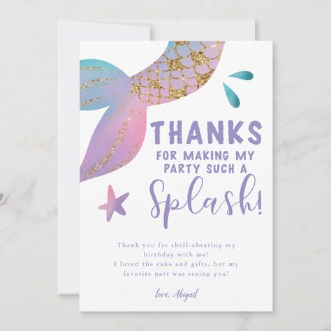 Magical Mermaid Splash Birthday Party Thank You Card | #birthdayparty #mermaid #splash #magical #underthesea #kids #rainbow #goldglitter #purple #girl Mermaid Thank You Cards, Sea Theme Birthday Party, Splash Birthday Party, Sea Theme Birthday, Thank You Template, Magical Mermaid, Thank You Card Size, Mermaid Invitations, Mermaid Birthday Invitations