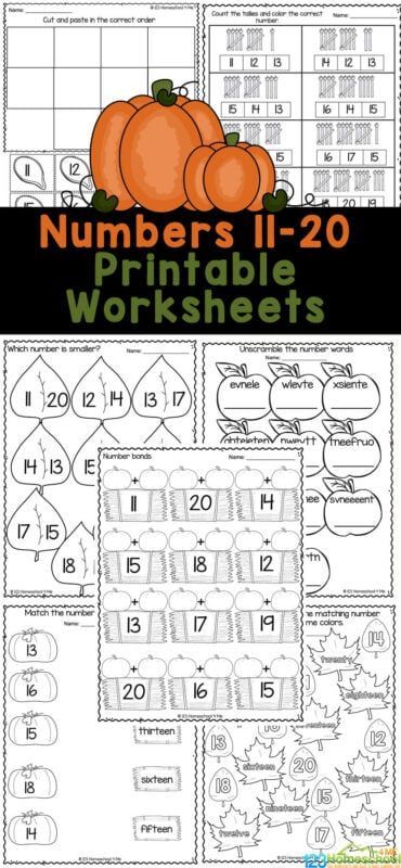 Young children will have fun learning to recognize numbers and count with these fall themed, number practice sheets. These free printable numbers 11-20 worksheets are a fun way for preschool, pre-k, and kindergarten age children to work on counting, writing, identifying, and number words for those tricky teen numbers to 20. Simply print fall worksheets and you are ready to play and learn with a  pumpkin worksheets. 11 To 20 Worksheets, Number Recognition Worksheets, Alphabet Letter Matching, Numbers To 20, Fall Worksheets, Free Printable Numbers, Teen Numbers, Fall Math, Fall Kindergarten