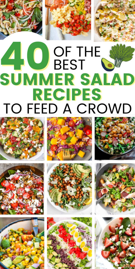 Looking for refreshing and healthy summer salads for a potluck or BBQ? Check out our collection of easy summer salad recipes. These summer salad side dishes for a bbq are easy crowd pleasers! Summer salad recipes perfect for potluck, cookout, or backyard party. These easy salad recipes include fruit salads, dinner salads, pasta side salads and more! Salads make the best cold side dishes for a crowd and great cook out side dishes too! Most Popular Salad Recipes, Potluck Recipes Cold Dishes, Cookout Veggie Side Dishes, Salads For Large Groups, Easy Salad Dinner, Side Dishes For A Bbq, Chef Salads, Salads For Parties, Meals For Summer