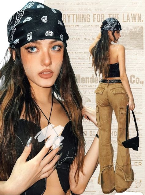 90s Hairstyles Bandana, Streetwear Fashion Hairstyle, Photoshoot Ideas Streetwear, 2yk Outfits, Hip Hop Makeup, Y2k Photoshoot Ideas, Streetwear Hairstyles, Streetwear Makeup, Edc Festival