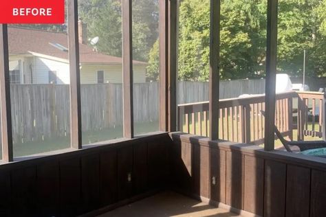 Before and After: A Dingy Screened Porch Gets a Cozy, Inviting Spruce-Up for $850⁠ ⁠ #insta #RealEstate #Home #DIY Small Bathroom Refresh, Screened Back Porches, Screened Porch Decorating, Porch Paint, Apartment Stuff, Screen Painting, Screened In Patio, Cozy Outdoor, Blog Challenge