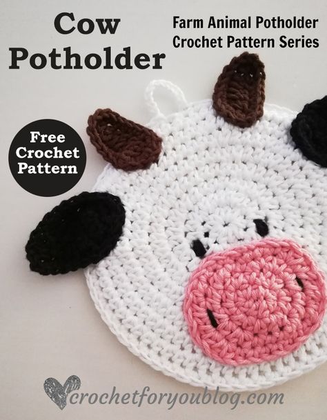 Crochet Cow Potholder Free Pattern - Crochet For You Cow Potholder, Potholder Patterns Free, Crocheted Cow, Crochet Farm Animals, Crochet Pot Holders Free Pattern, Crocheted Cow Pattern, Crochet Potholder Patterns, Crochet Hot Pads, Crochet Chicken