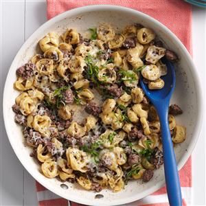 Beefy Tortellini Skillet Recipe -This skillet wonder is a tortellini dish the family craves. From browning beef to cooking the pasta and melting the cheese, everything happens in one pan. You can add basil or chives for a touch of freshness. —Juli Meyers, Hinesville, GA Crockpot Casseroles, Tortellini Skillet, Fancy Foods, Course Ideas, Tortellini Recipes, Ground Meat Recipes, Skillet Recipes, Skillet Dinners, Cheese Tortellini