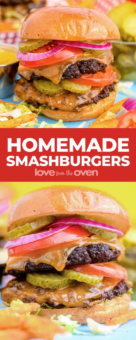 Smashburger Recipe • Love From The Oven Oven Baked Smash Burgers, Smash Burgers In The Oven, Oven Smash Burgers, Smashburgers Recipe, Oven Hamburgers, Pot Roast Stew, Black Stone Griddle Recipes, Oven Burgers, Weekly Food Prep