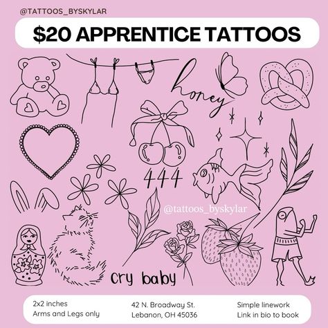 ✨Booking now✨ for $20 apprentices tattoos! These are pre-drawn flash designs, simple linework. All designs are approximately 2x2, and for arms or legs only. 🔗 in bio to claim a spot! Which is your fav?! #tattooartist #tattooshop #tattooapprentice #cincinnatitattooartist #lebanonohio Lebanon Ohio, Flash Designs, Flash Design, Tattoo Apprentice, Tattoo Shop, All Design, Tattoo Artists, Flash, Tattoos