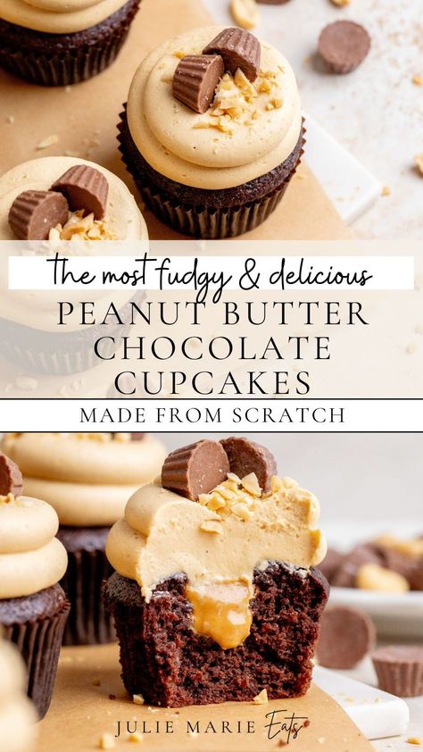 Get this easy birthday cupcake recipe idea of peanut butter chocolate cupcakes. Learn how to make these super soft chocolate cupcakes are filled with creamy peanut butter and topped with the best peanut butter buttercream. Follow for more easy dessert ideas and dessert baking tips. Peanut Butter Cupcakes With Filling, Chips Ahoy Cupcakes, Resses Peanut Butter Cupcakes, Chocolate Cupcakes Peanut Butter Icing, Different Cupcakes Ideas, Peanut Butter Filled Chocolate Cupcakes, Fillings For Chocolate Cupcakes, Chocolate And Peanut Butter Cupcakes, Peanut Butter Cupcakes Recipes