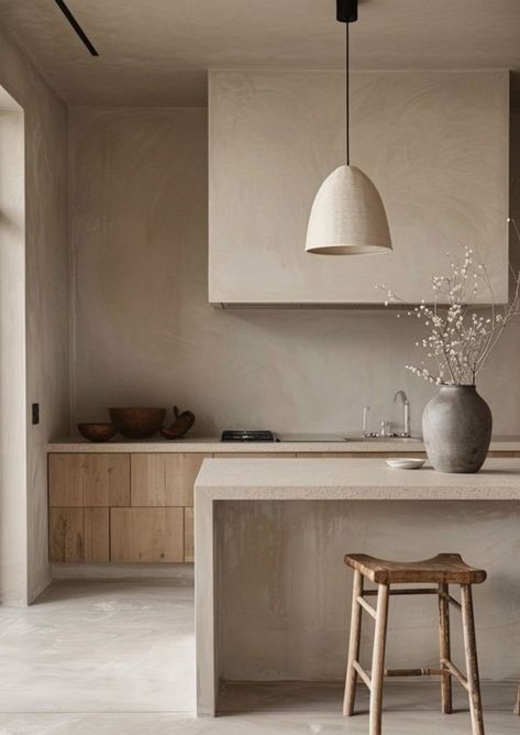 Open Minimalist Kitchen, Lime Wash Kitchen, Micro Cement Kitchen, White Concrete Kitchen, Kitchen Minimalist Design, Plaster Kitchen, Cement Kitchen, White Kitchen Interior Design, White Kitchen Interior