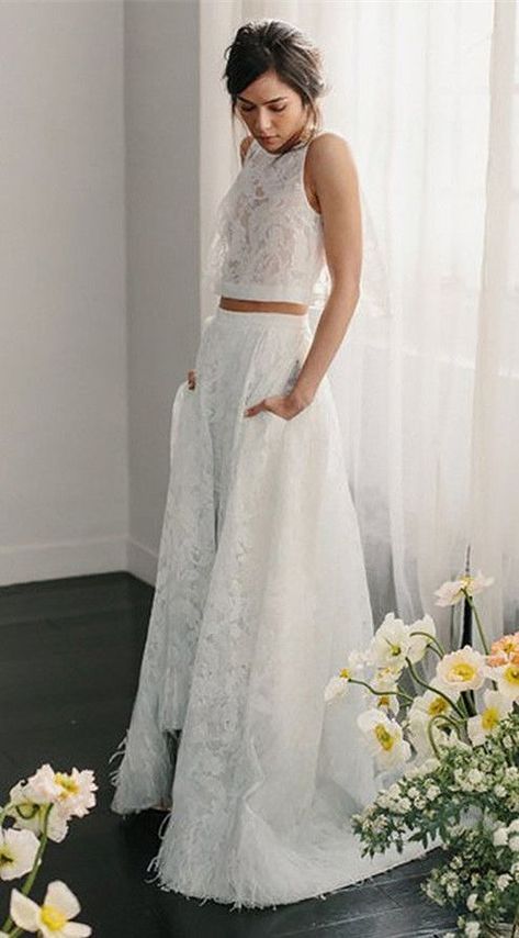 This is simple wedding dress is made of lace. #dress #wedding #weddingdress #weddingday #dresses #bride #bridal #bridetobe #fashion #fancydress #weddingideas #gown #fashionista #fashionstyle #fashionpost #bridalfashion #fashionlover #bridesmaid #fashiondesign #longdress #outfitstyle #vestido de novia #robe de mariée Anna Campbell Wedding Dress, 2 Piece Wedding Dress, Weddding Dress, Long Bridal Gown, Ivory Lace Wedding Dress, Breaking The Rules, Two Piece Wedding Dress, Dresses Fancy, Wedding Dress With Pockets