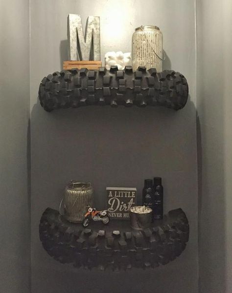 Get ready for planning out that special place for him with these epic man cave DIY ideas! Surprise him for his birthday or Christmas present. #ManCave Tire Shelves, Dirt Bike Room, Crafts Presents, Gerobak Dorong, Man Cave Bathroom, Car Man Cave, Ultimate Man Cave, Man Cave Room, Bike Room