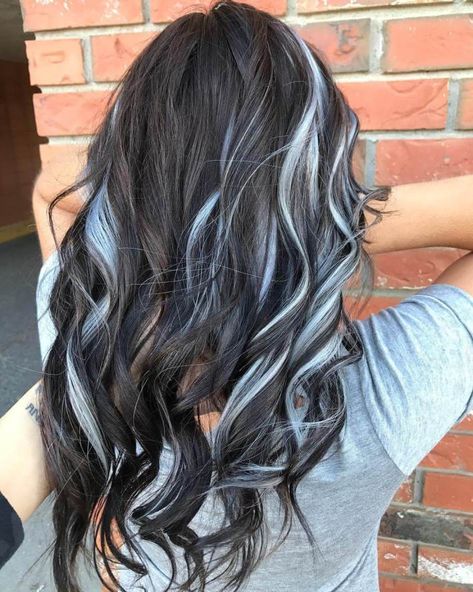 Dark Hair with White Blonde Streaks Brown And Silver Hair Balayage, Dark Brown Salt And Pepper Hair, Black And Platinum Hair, Salt And Pepper Hair Color, Pepper Hair Color, Brown Hair With Silver Highlights, Pepper Hair, Blonde Streaks, Salt And Pepper Hair