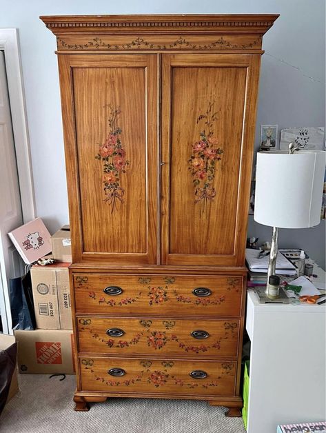 Cottagecore Wardrobe Furniture, Cottage Core Closet, Cottagecore Closet, Thrift Flip Furniture, Cottage Wardrobe, Floral Painted Furniture, Vintage Hand Painted Furniture, Painted Closet, Painted Armoire