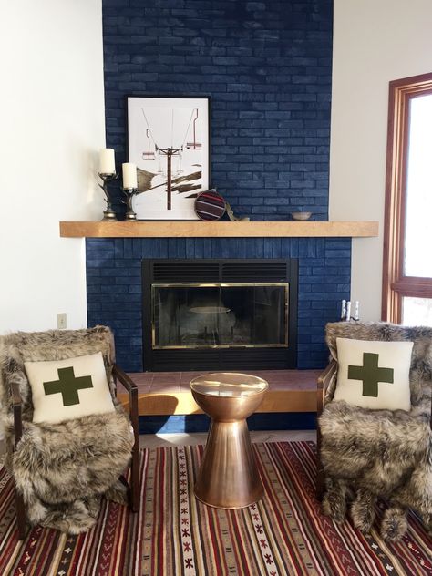 alaska home decor blog dark blue fireplace modern mountain home Brick Fireplace Decor, Red Brick Fireplaces, White Brick Fireplace, Painted Brick Fireplace, Painted Brick Fireplaces, Andong, Paint Fireplace, Brick Fireplace Makeover, Gyeongju