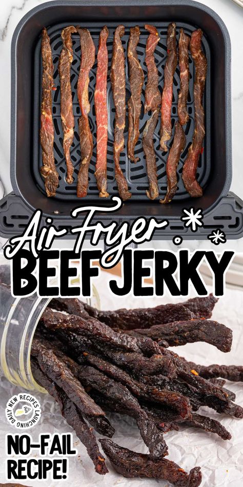 Air fryer beef jerky is a savory, lean snack enhanced by a blend of tangy, sweet, and spicy seasonings, offering a modern twist to a classic treat. Air Fryer Beef Jerky, Lean Snacks, Jerky Recipes Dehydrator, Jerkey Recipes, Air Fryer Beef, Homemade Beef Jerky, Pork Jerky, Homemade Jerky, Beef Jerky Recipes