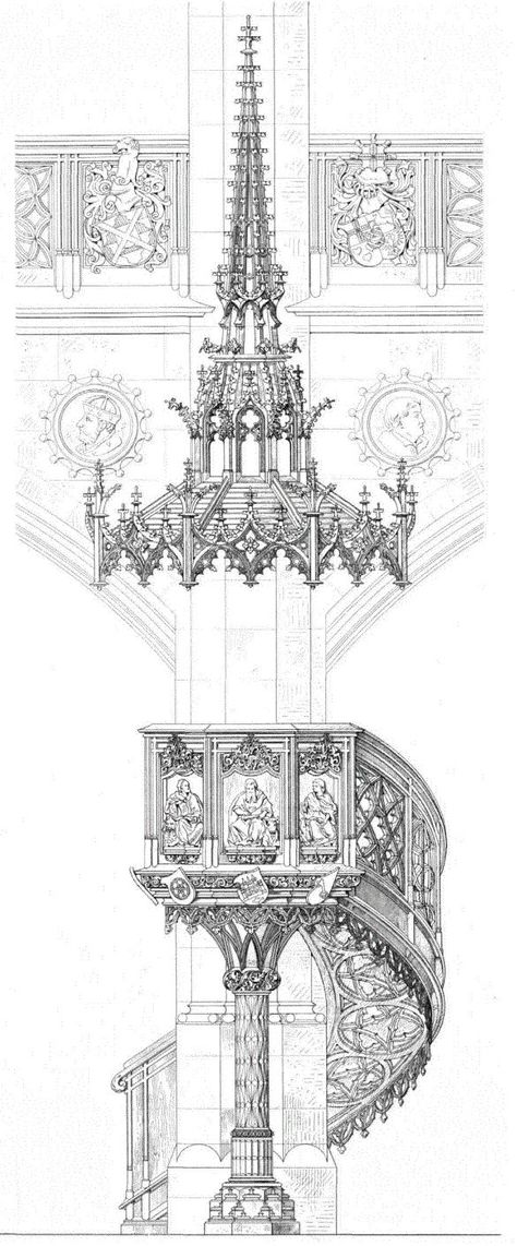 Kanzel ... Pulpit Más Architecture Drawing Art, Architectural Drawing, Architecture Illustration, Gothic Architecture, Ancient Architecture, Architecture Sketch, Historical Architecture, Staircases, Amazing Architecture