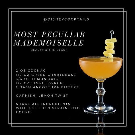 A Most Peculiar Mademoiselle, Disney Cocktails, Beauty and the Beast, cocktail recipes, cognac, green chartreuse Beauty And The Beast Cocktails, Disney Alcoholic Drinks, Cognac Cocktails, Chartreuse Cocktail, Disney Cocktails, Funny Cocktails, Brandy Cocktails, Disney Drinks, Green Chartreuse