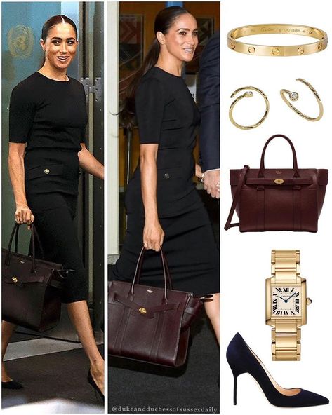 Meghan & Harry | Meghan’s fashion details (and some more photos from today) - Top: Givenchy knit top in black. - Skirt: Givenchy patch pocket pencil skirt… | Instagram Mulberry Bayswater Black, Mulberry Bayswater Outfit, Mulberry Bag Outfit, Mulberry Bag Bayswater, Cartier Tank Watch, Meghan Markel, Manolo Blahnik Bb Pump, Estilo Meghan Markle, Meghan Markle Outfits