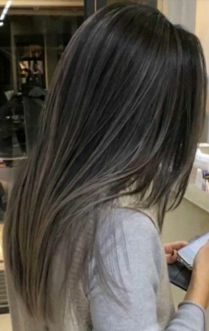 Black Hair Balayage Asian Straight, Ash Brown Hair With Black Lowlights, Brown Hair With Ashy Lowlights, Ashy Silver Highlights On Dark Hair, Ash Brown Streaks, Blending Grown Out Highlights, 2000s Highlights Hair Black, Low Light For Black Hair, Dark Ash Balayage On Black Hair